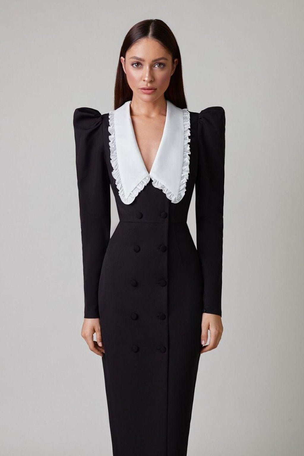 Kathy Peter Pan Collar V-Neck Midi-Length Dress