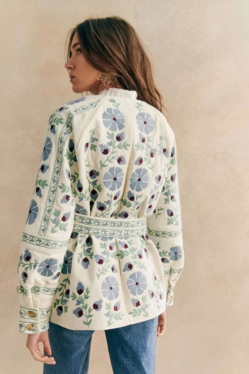 Relaxed Street Flowers Lace Up Buttons Patchwork Crew Neck Outerwear