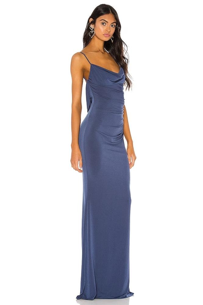 Lila Lace Cowl Neck Open-Back Maxi-Length Dress