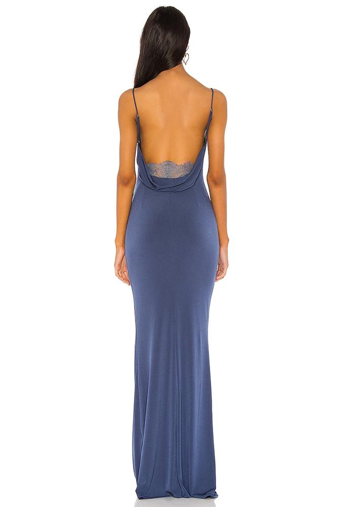 Lila Lace Cowl Neck Open-Back Maxi-Length Dress