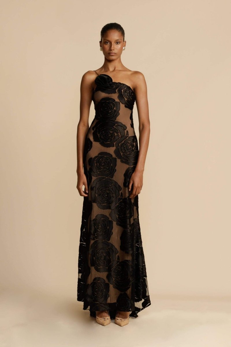 Lindsay Flower Patterned One-Shoulder Maxi-Length Dress
