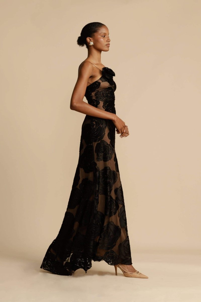 Lindsay Flower Patterned One-Shoulder Maxi-Length Dress