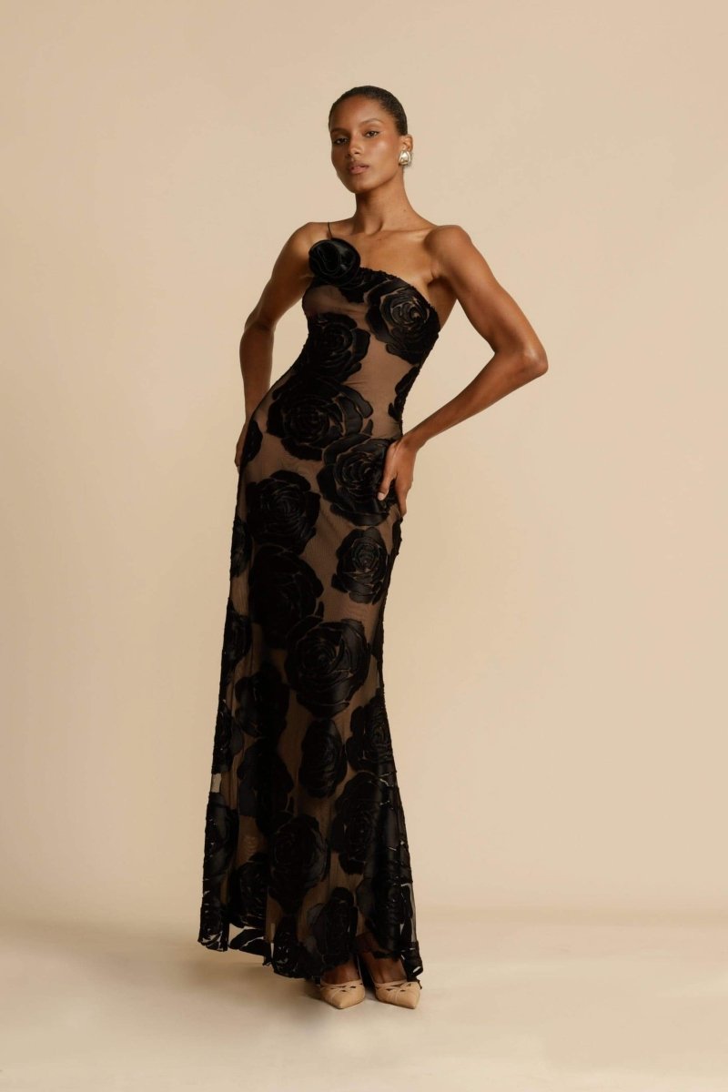 Lindsay Flower Patterned One-Shoulder Maxi-Length Dress