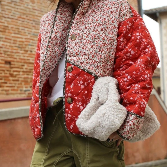 Quilted Jacket with Floral Print and Ethnic Print in Quilted Design