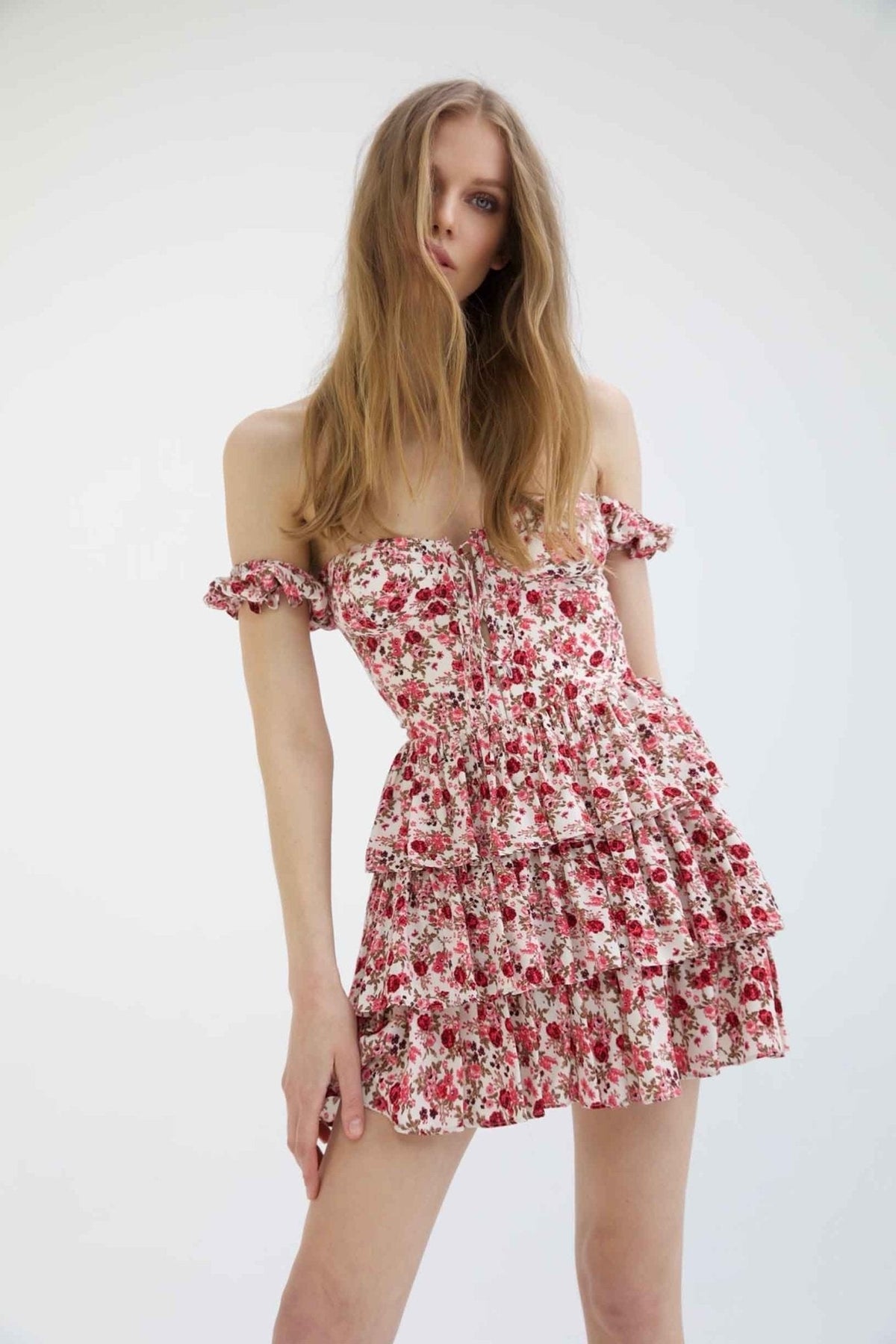 Mabel Patterned Corset Tiered Mini-Length Dress