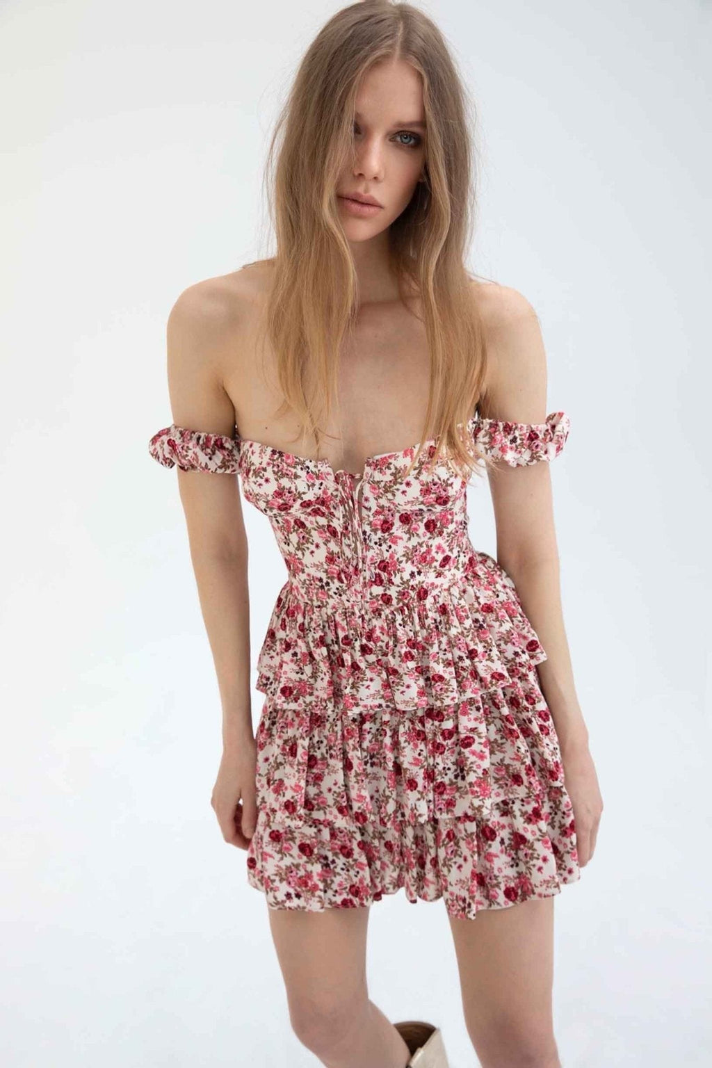 Mabel Patterned Corset Tiered Mini-Length Dress