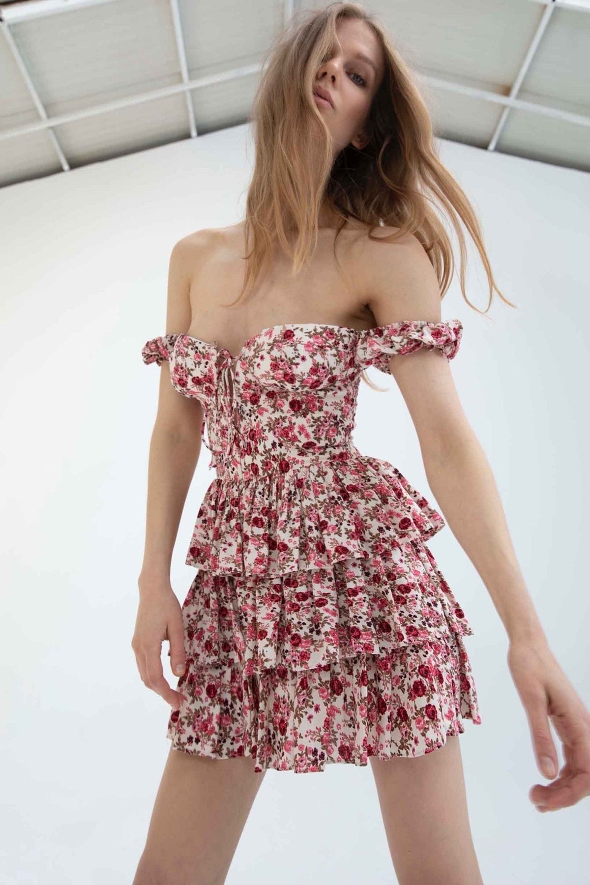 Mabel Patterned Corset Tiered Mini-Length Dress