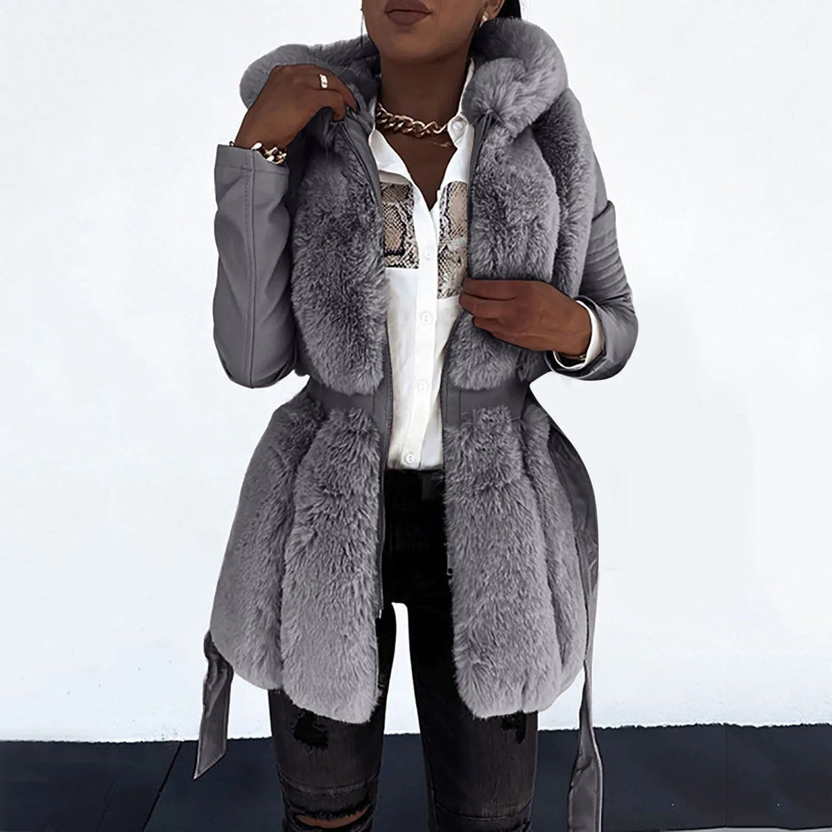Stylish Faux Leather Jacket with Faux Fur Collar