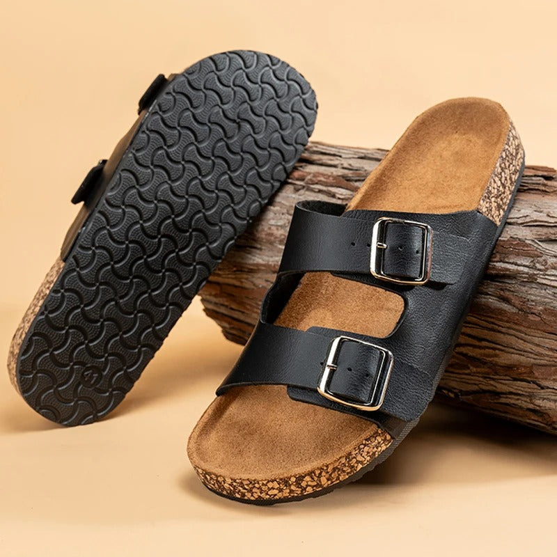Suede Slides with Double Buckle Strap