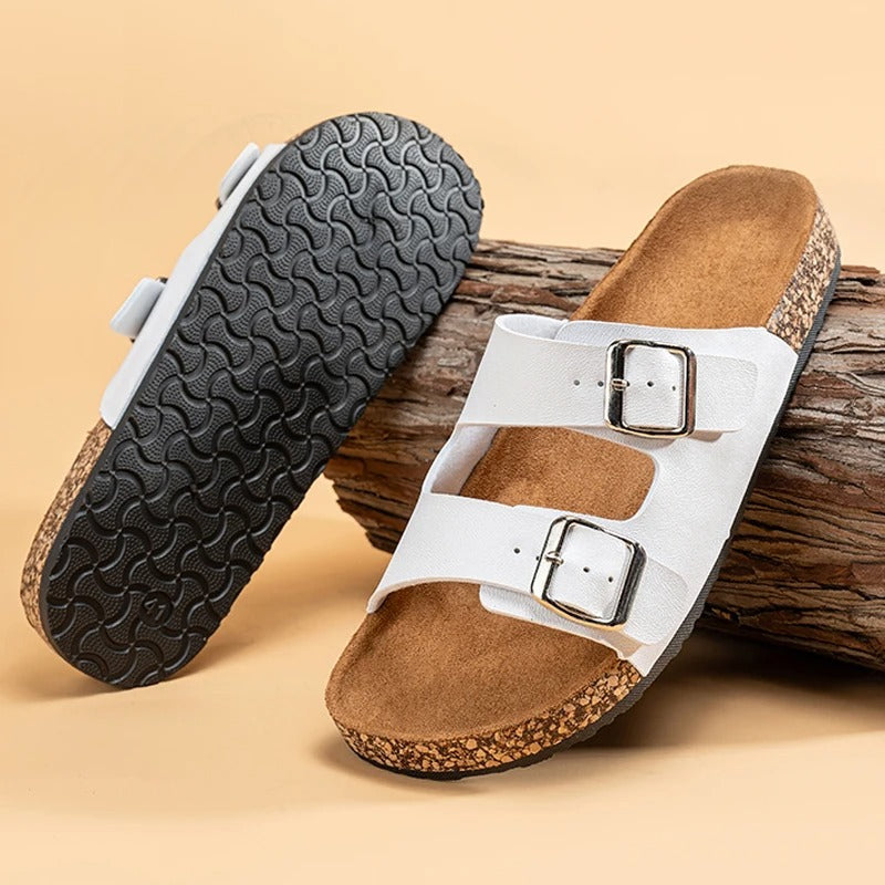 Suede Slides with Double Buckle Strap