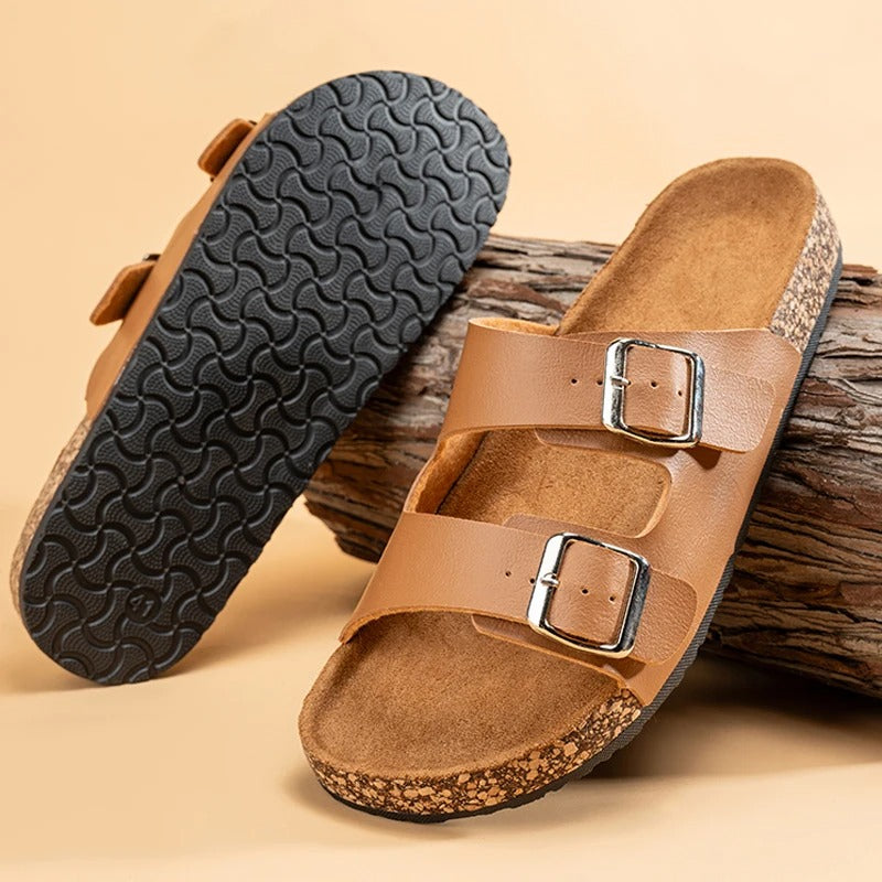 Suede Slides with Double Buckle Strap