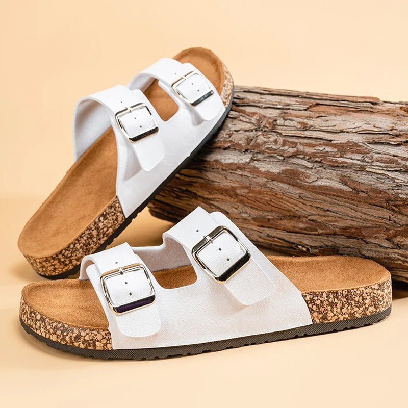 Suede Slides with Double Buckle Strap