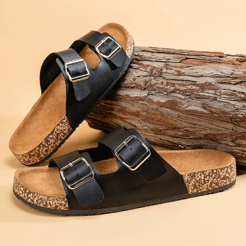 Suede Slides with Double Buckle Strap
