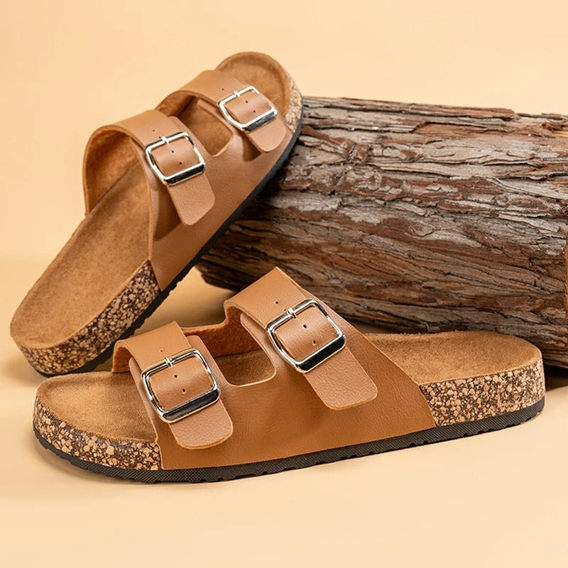 Suede Slides with Double Buckle Strap