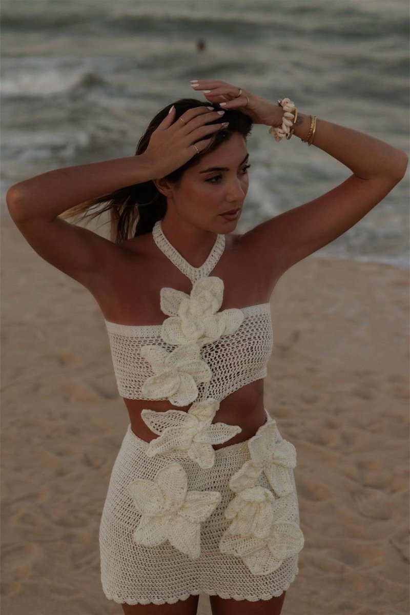 Martha Halter Knitted Flower Mini-Length Dress