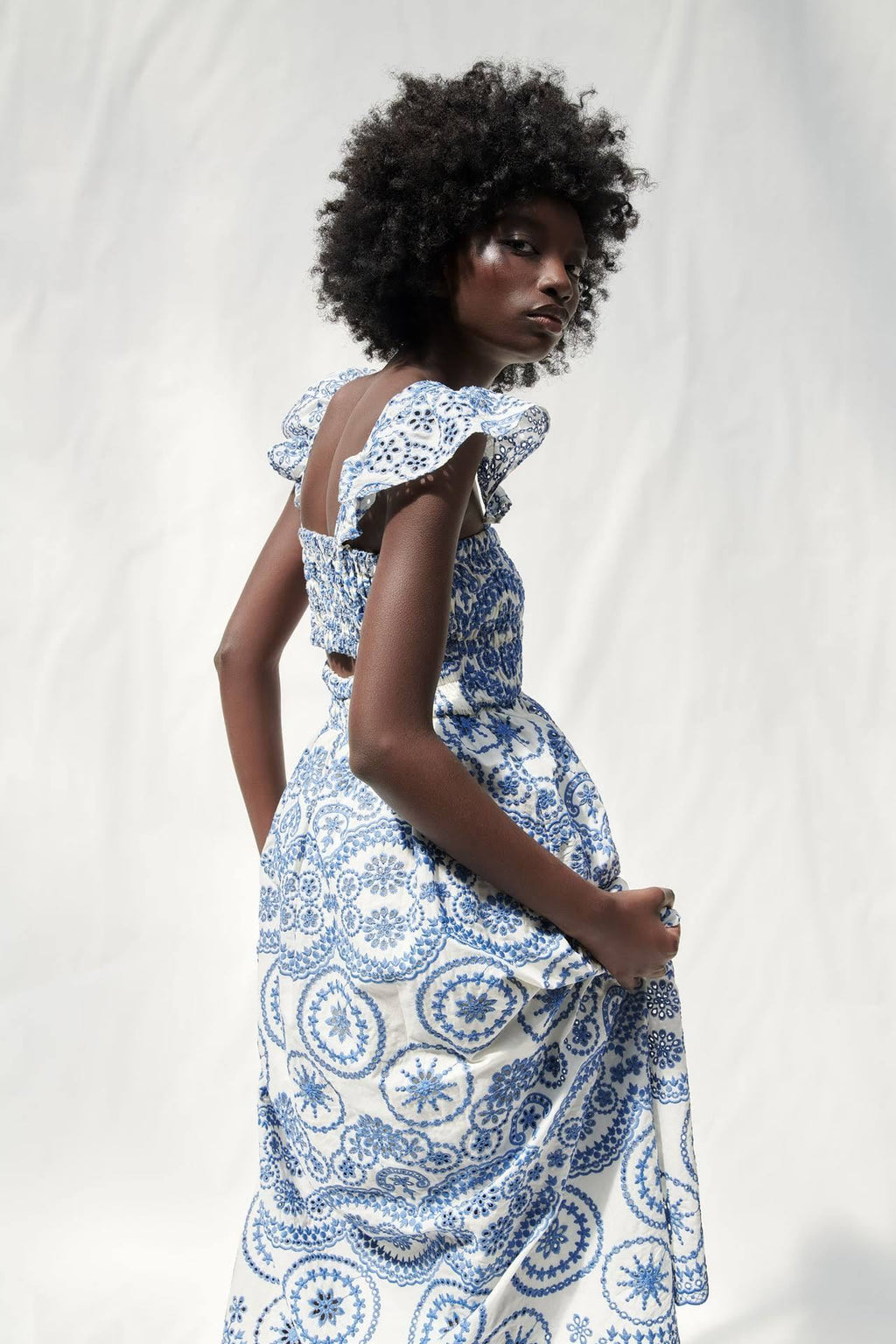 Maud Embroidered Lace Shirred Bodice Midi-Length Dress