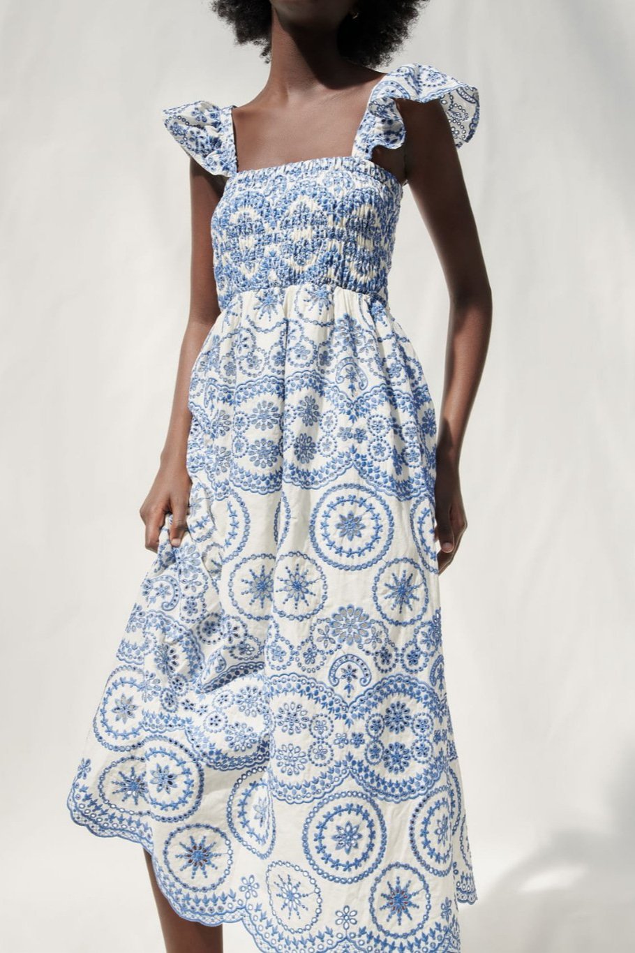 Maud Embroidered Lace Shirred Bodice Midi-Length Dress