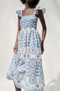 Maud Embroidered Lace Shirred Bodice Midi-Length Dress