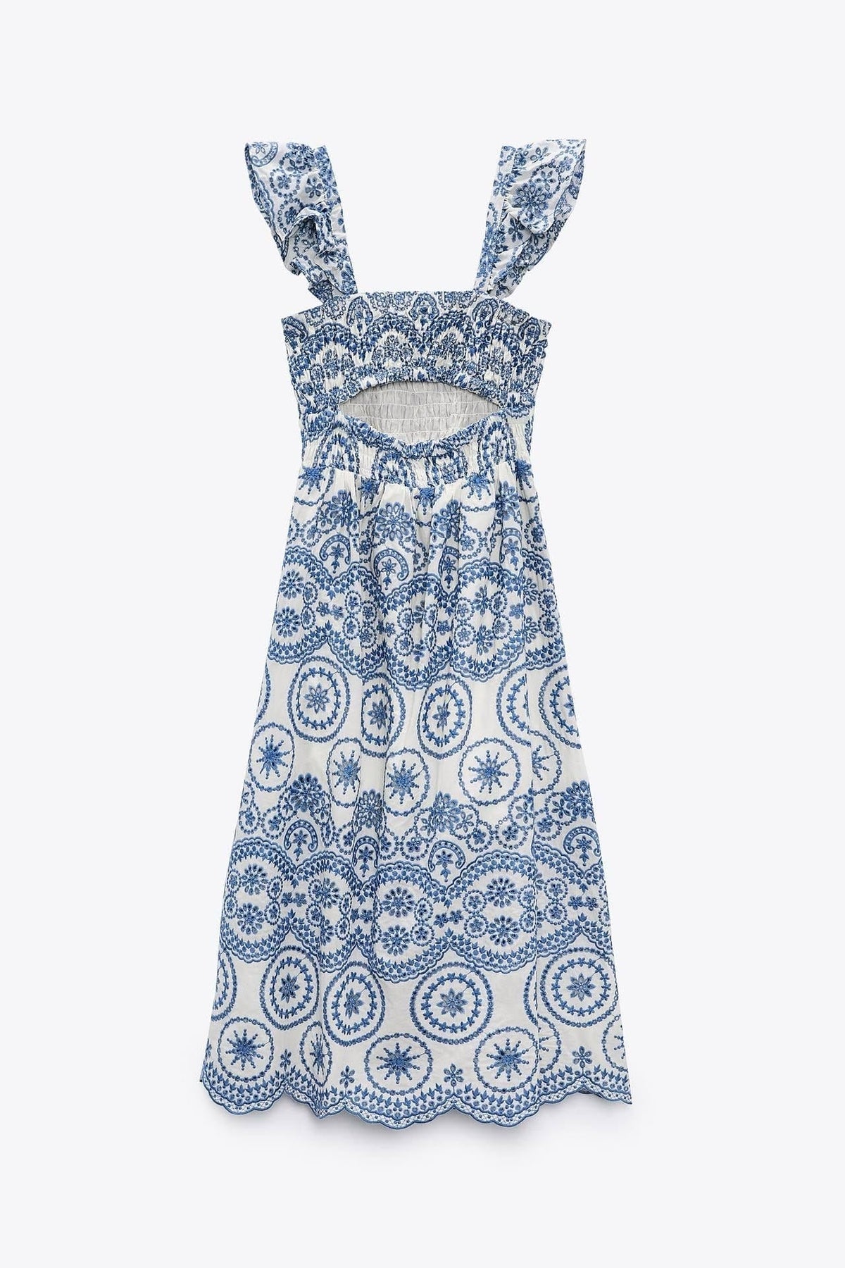 Maud Embroidered Lace Shirred Bodice Midi-Length Dress