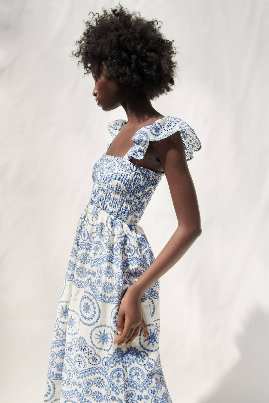Maud Embroidered Lace Shirred Bodice Midi-Length Dress