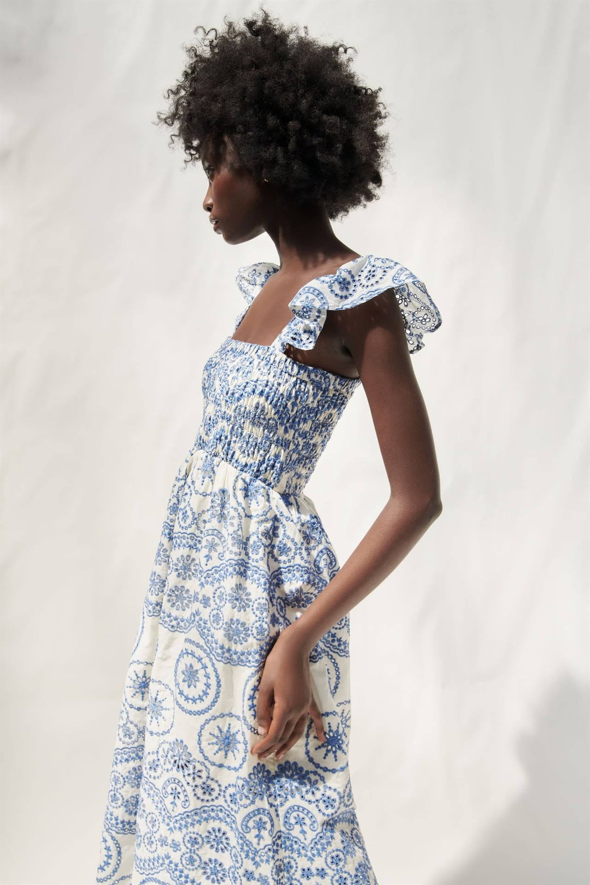 Maud Embroidered Lace Shirred Bodice Midi-Length Dress