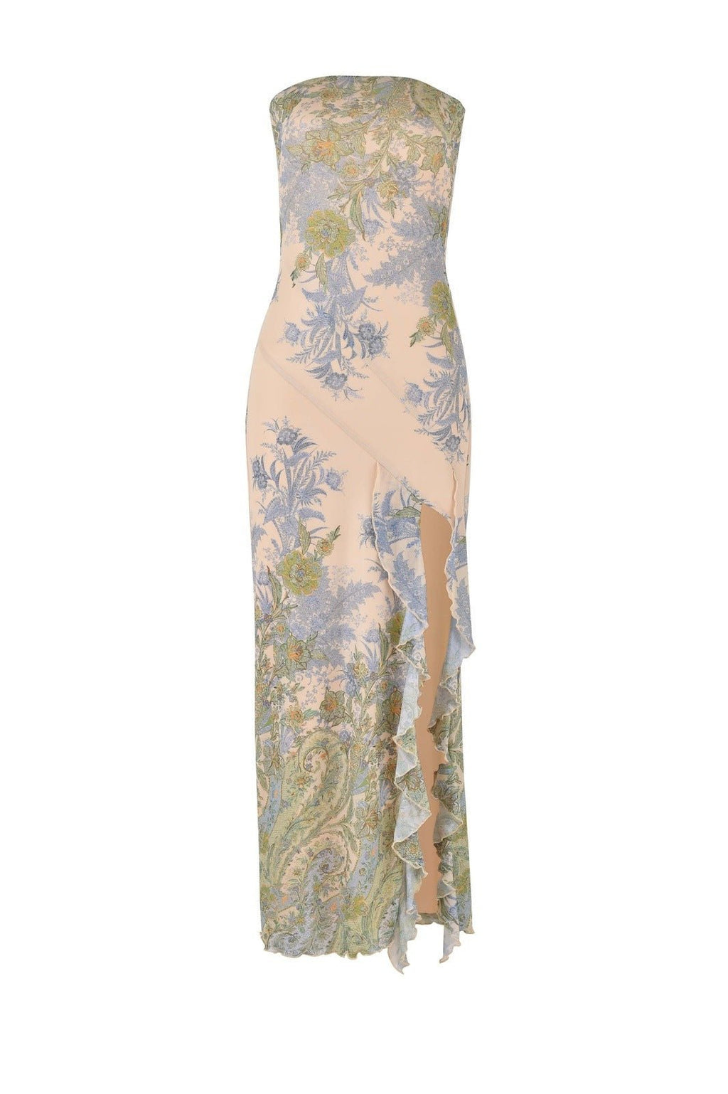 Melinda Patterned Strapless Slit Midi-Length Dress