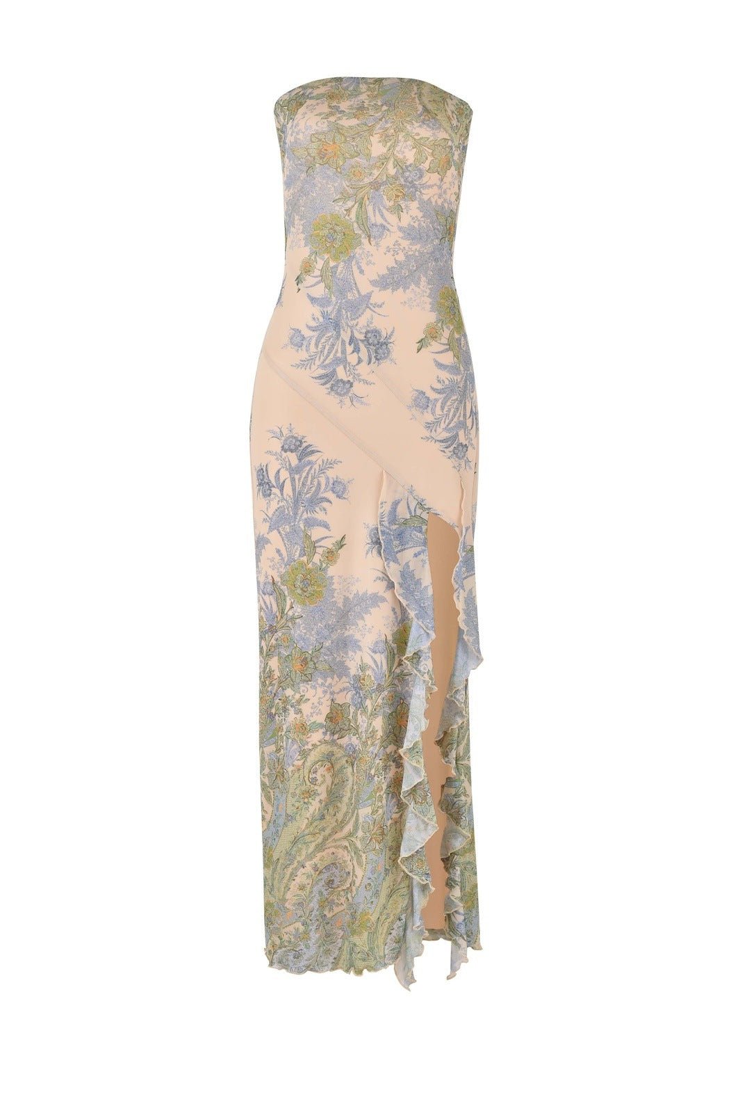 Melinda Patterned Strapless Slit Midi-Length Dress