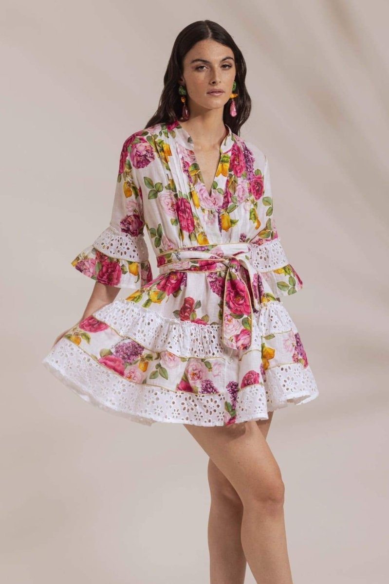 Melissa Patterned Lace Trim Ruffled Mini-Length Dress