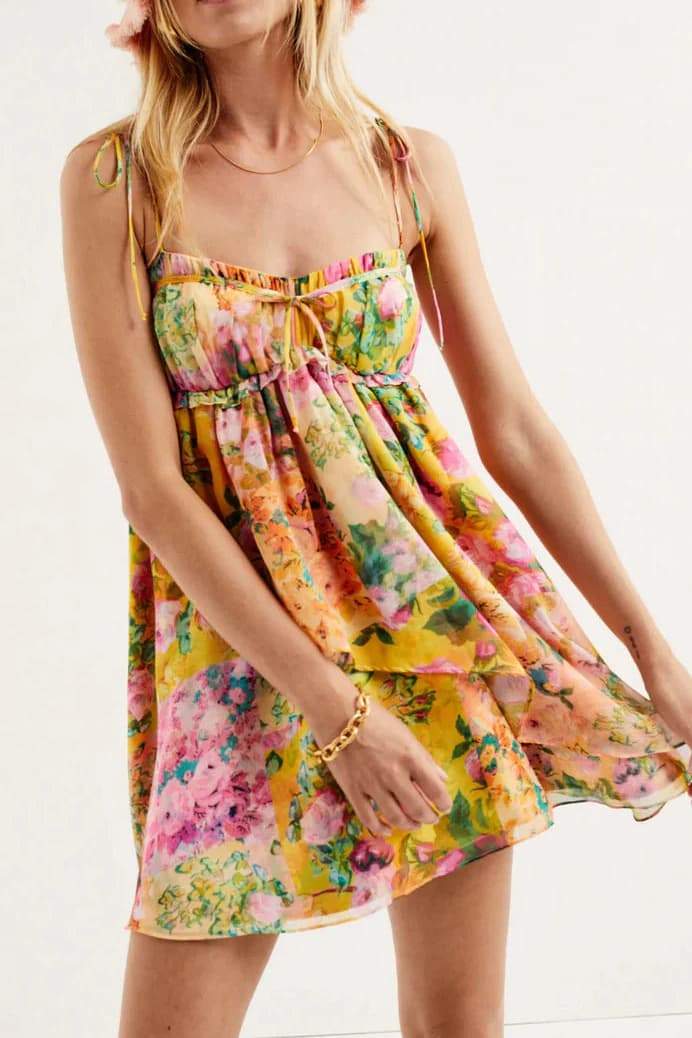 Mona Flower Patterned Chiffon Mini-Length Dress