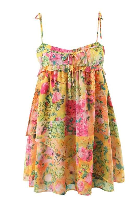Mona Flower Patterned Chiffon Mini-Length Dress