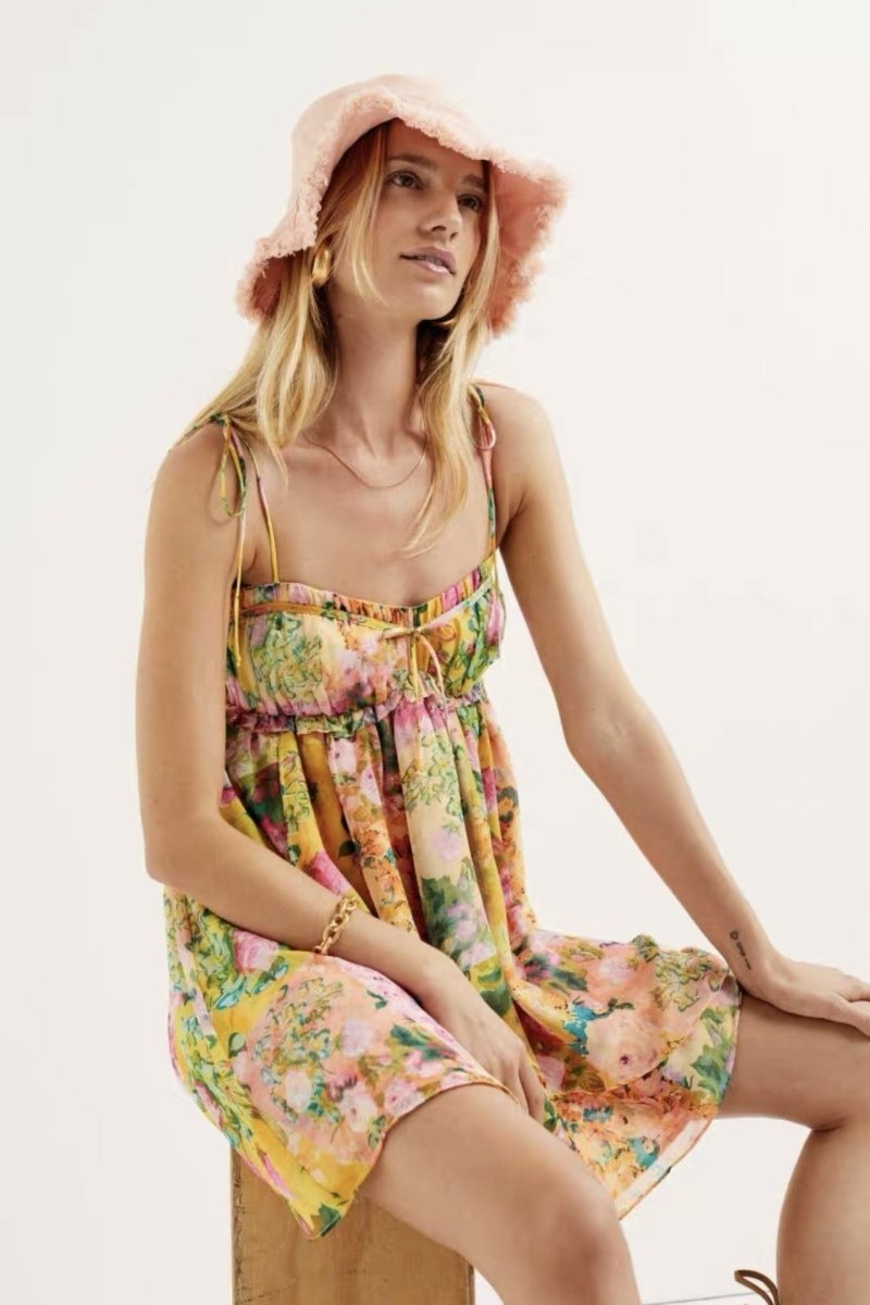 Mona Flower Patterned Chiffon Mini-Length Dress