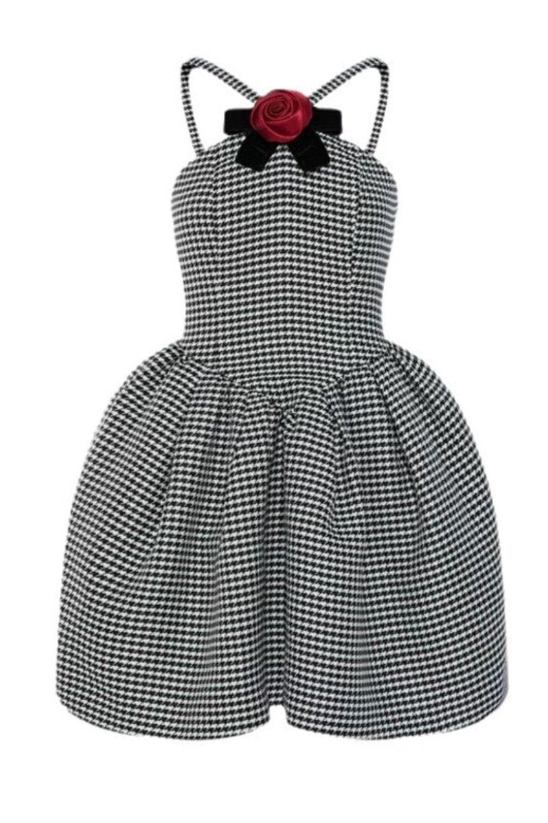 Mona Houndstooth Rose Bow Trimmed A-line Mini-Length Dress