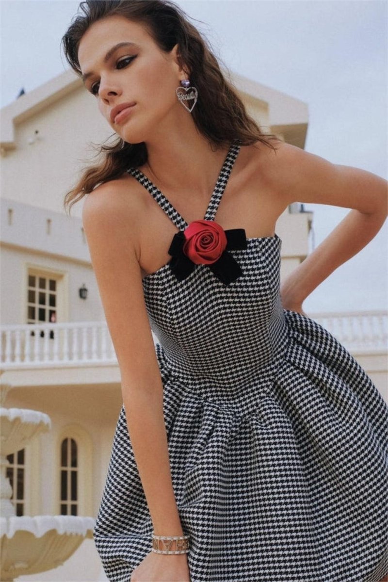 Mona Houndstooth Rose Bow Trimmed A-line Mini-Length Dress