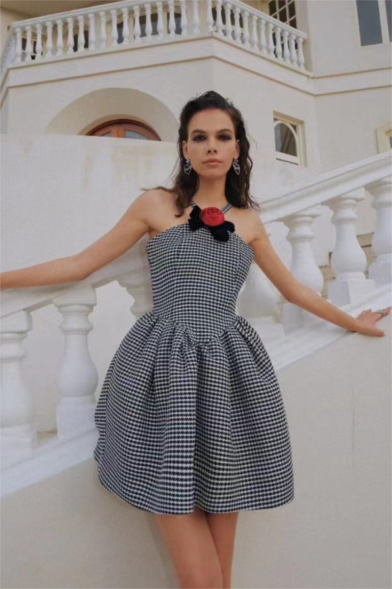 Mona Houndstooth Rose Bow Trimmed A-line Mini-Length Dress