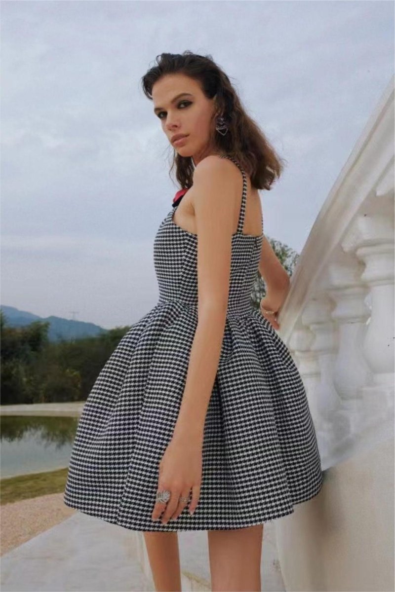 Mona Houndstooth Rose Bow Trimmed A-line Mini-Length Dress
