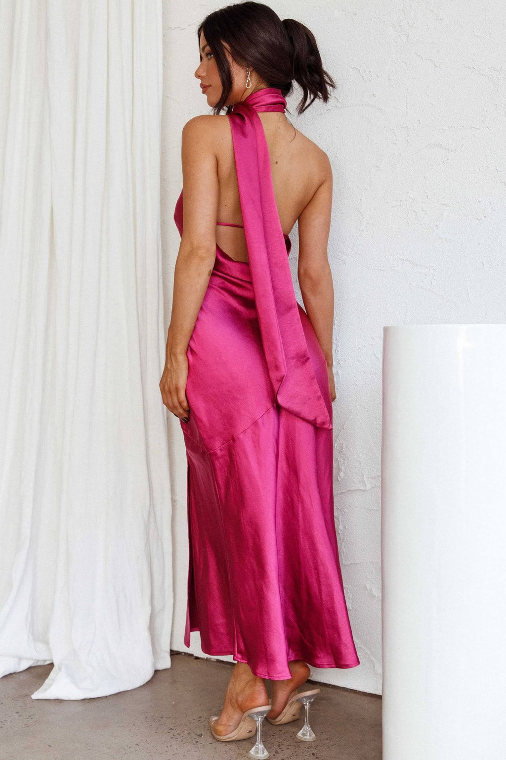 Nad Cowl Halterneck Satin Midi-Length Dress