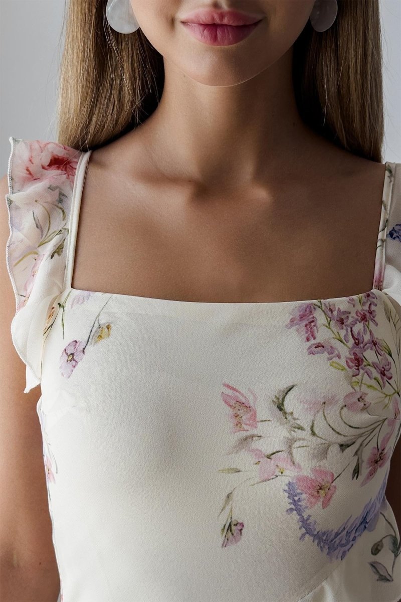Naomi Flower Ruffled Trimmed Cami Slit Midi-Length Dress