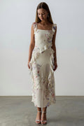 Naomi Flower Ruffled Trimmed Cami Slit Midi-Length Dress