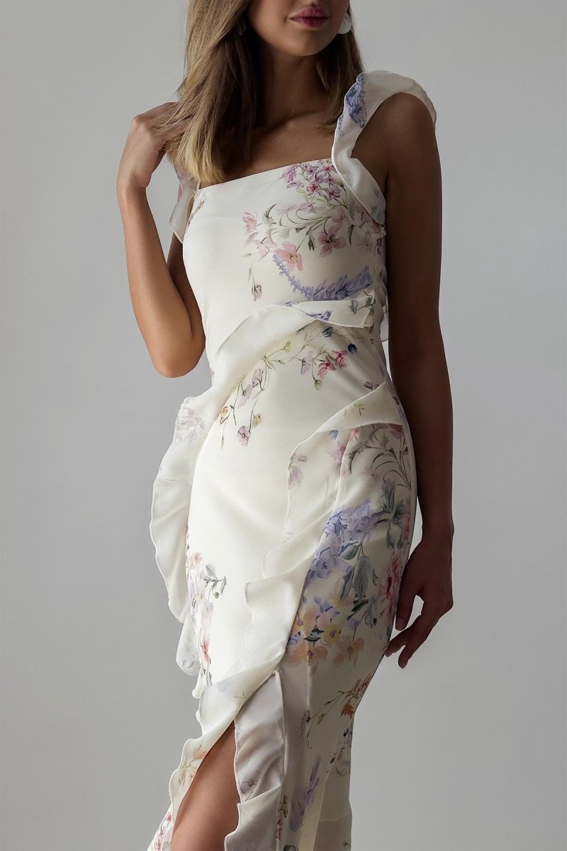 Naomi Flower Ruffled Trimmed Cami Slit Midi-Length Dress