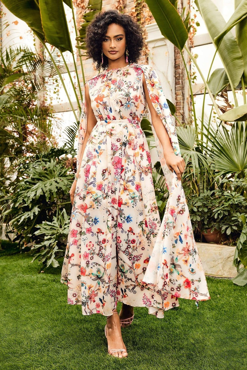 Nola Crew Neck Cape Sleeves Maxi-Length Dress