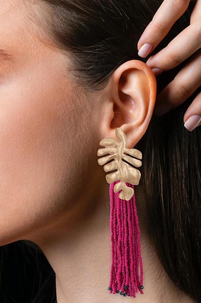Statement Palm Frond Beads Tassel Earring