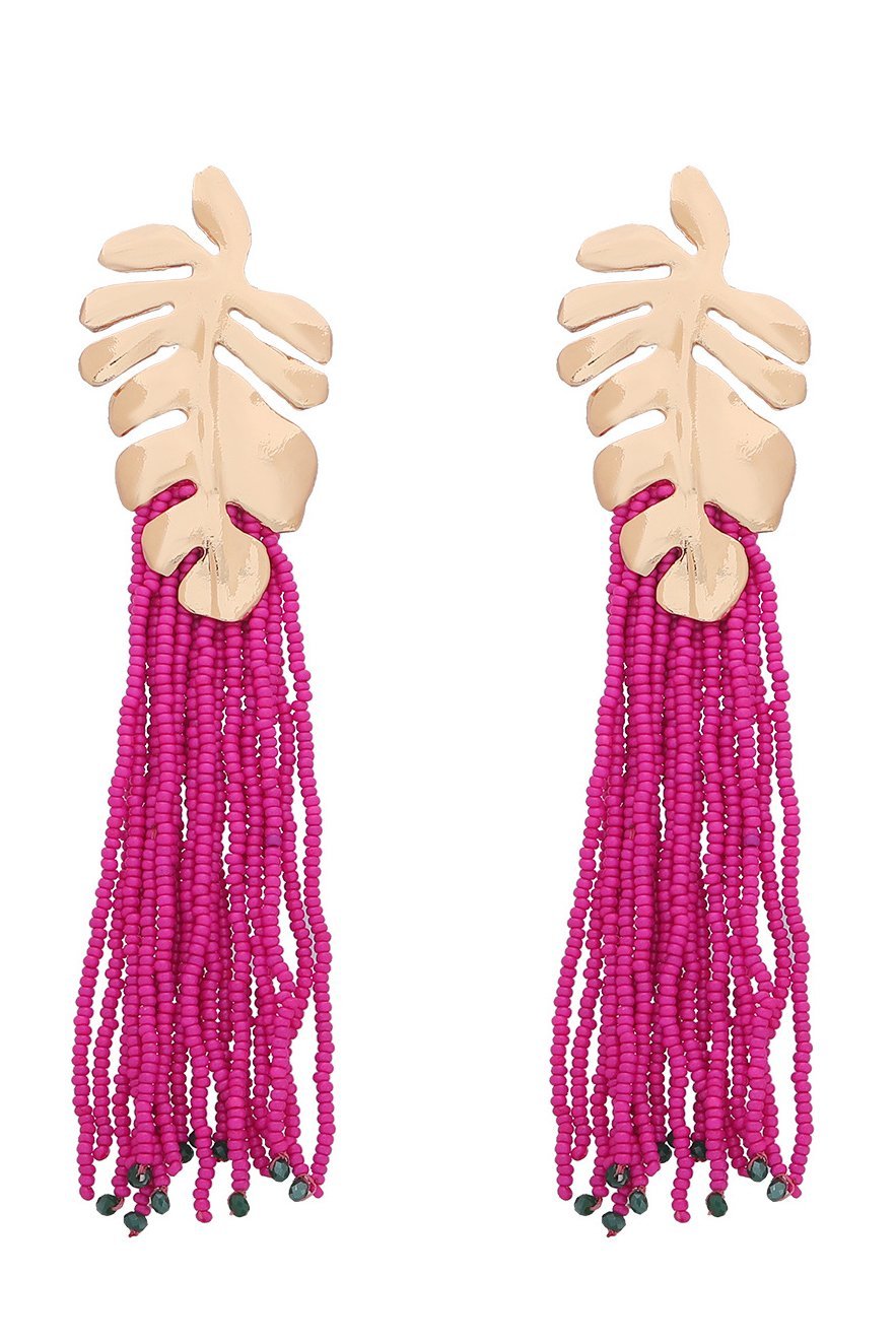 Statement Palm Frond Beads Tassel Earring