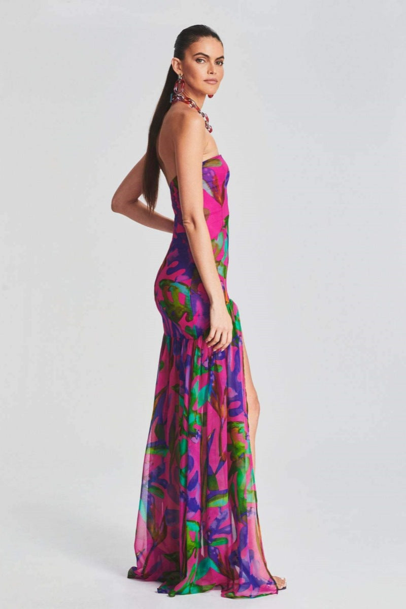 Pam Patterned Strapless Slit Maxi-Length Dress