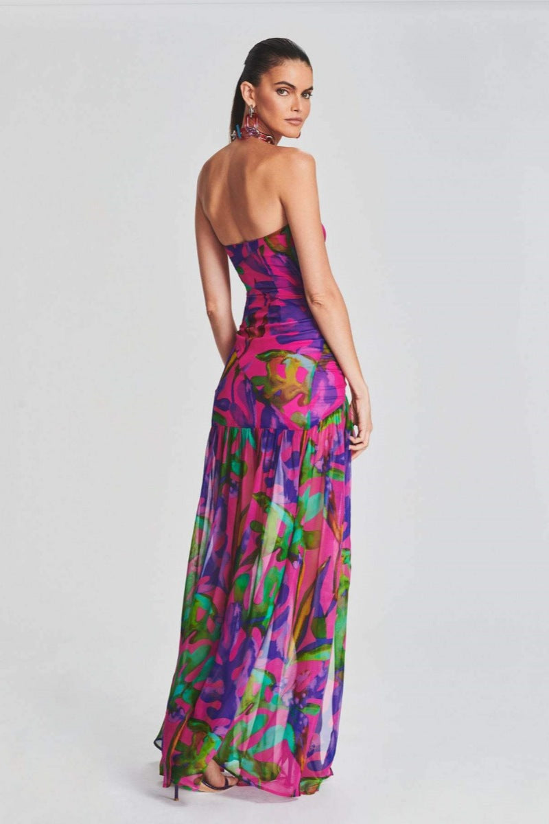 Pam Patterned Strapless Slit Maxi-Length Dress
