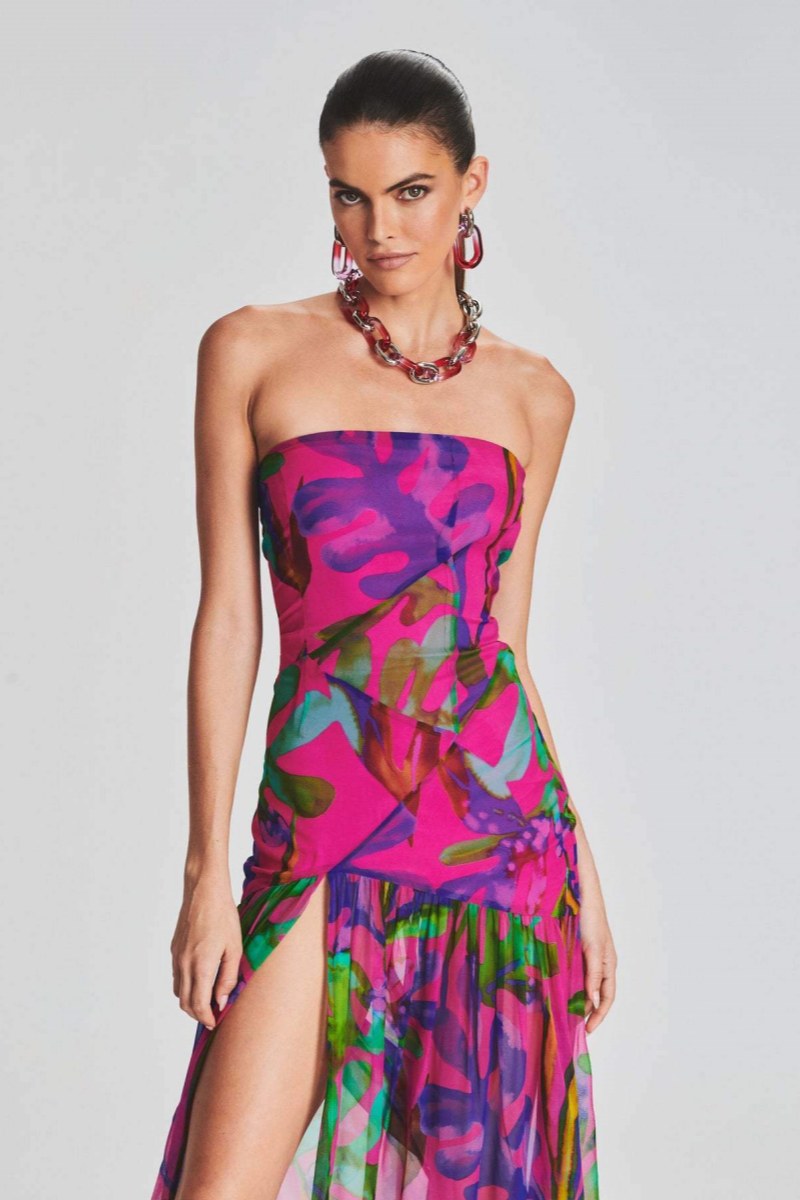 Pam Patterned Strapless Slit Maxi-Length Dress
