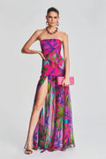 Pam Patterned Strapless Slit Maxi-Length Dress