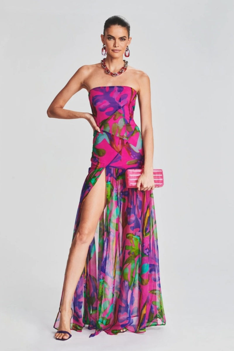 Pam Patterned Strapless Slit Maxi-Length Dress
