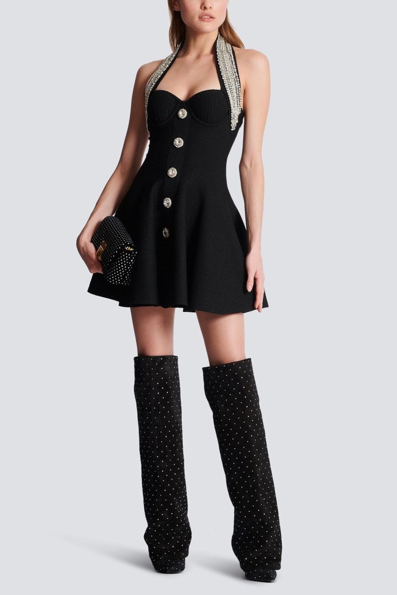 Modern Patricia Crystal Embellished Halter Mini Knit Dress