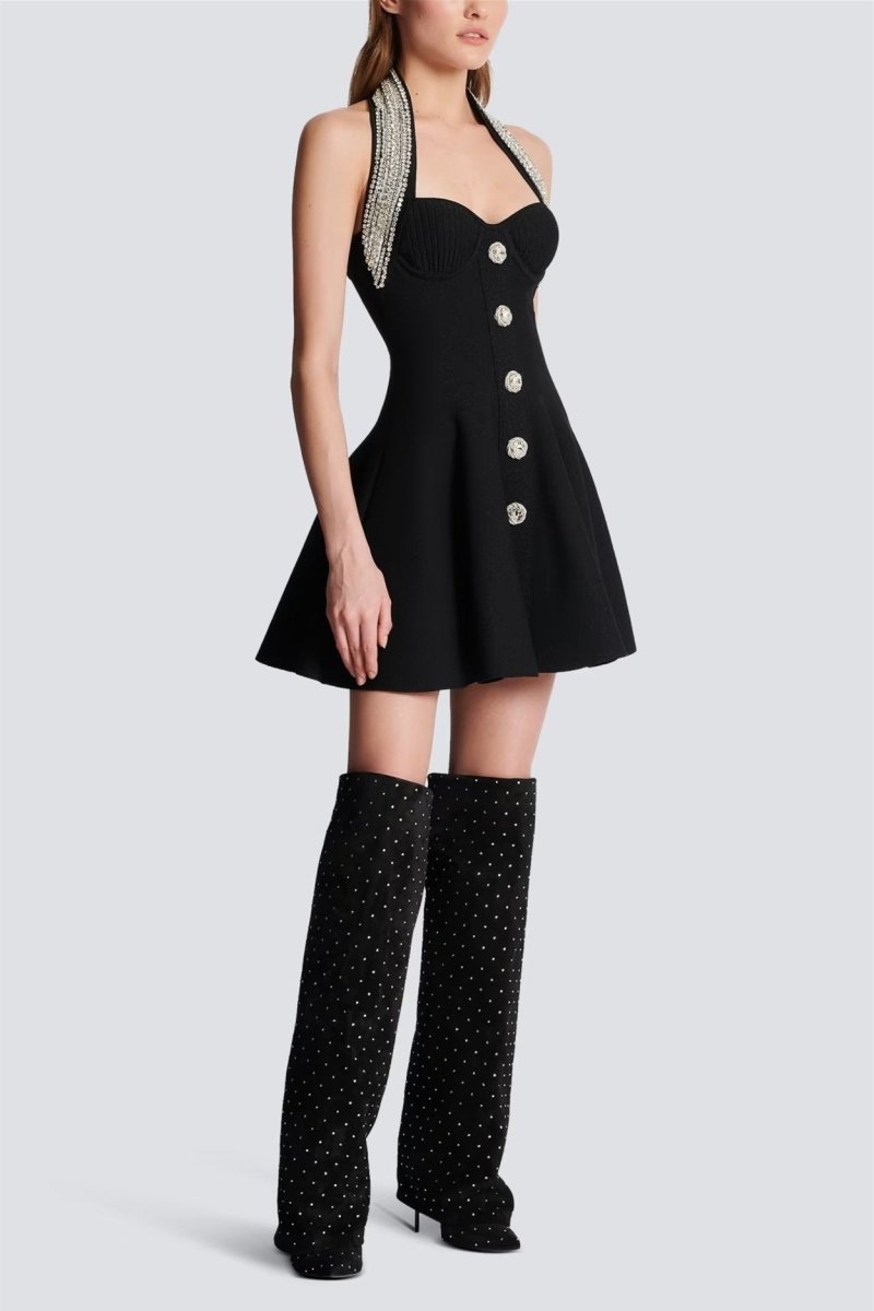 Modern Patricia Crystal Embellished Halter Mini Knit Dress