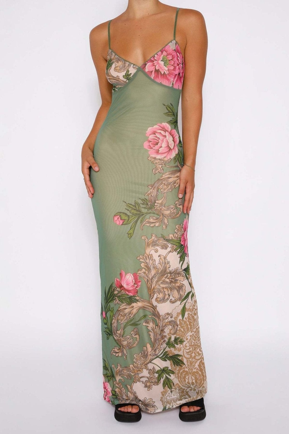 Patti Patterned Fitted Slip Maxi-Length Dress